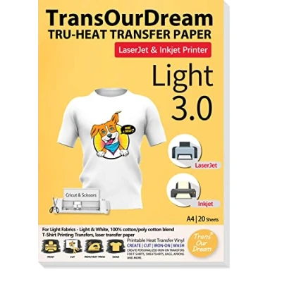 Image of TransOurDream Tru T Shirt Transfer Paper 20 Sheets A4 Iron On Transfers for Inkjet &amp; Laser Printer Printable HTV Heat Vinyl White and Light Fabrics,Easy to Cut(TOD 03 20)