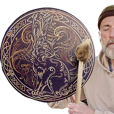 Image of Shamanic Hand Drum Handmade Vegan Shaman Alchemical Moon With Stick Deep Bass Percussion Frame Sound Instrument,
