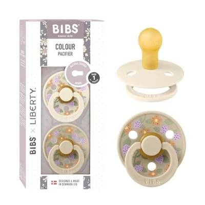 Image of BIBS Liberty Pacifier 2 Colour Natural Rubber Latex Soothers Size 1 (0 6 Months) BPA Free Dummy Round Nipple Designed &amp; Made in Denmark Strawberries and Cream Ivory Mix