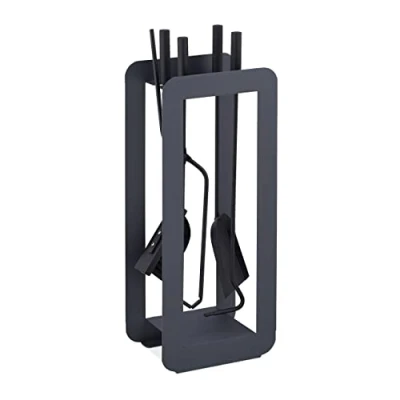 Image of Relaxdays 5 Piece Fireplace Companion Set Steel Utility Accessories, Modern, Stand, Tongs, Shovel, Poker, Black/Grey, Stainless Steel, 60 x 22.5 16 cm