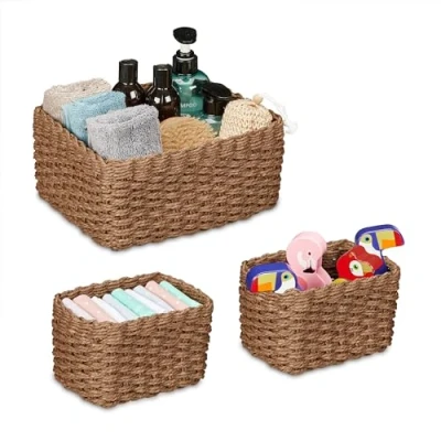 Image of Woven Storage Basket, Set of 3, 2 Sizes, Box, Cupboard &amp; Shelf, Paper Rope, Decorative Baskets, Brown Relaxdays