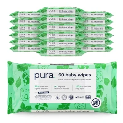 Image of Pura Eco Baby Wipes 18 x 60 per pack (1080 Wipes) 100% Plastic Free, 99% Water, Biodegradable, Unscented, Vegan, Monthly Pack, Suitable for Sensitive &amp; Eczema Prone Skin