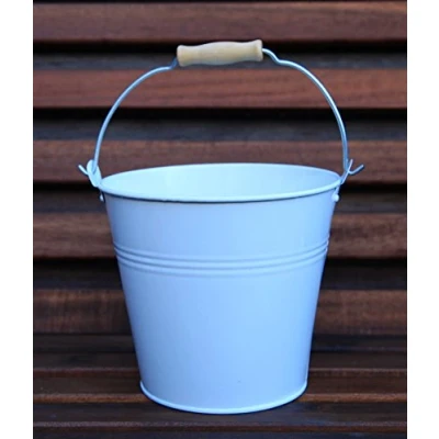 Image of 16CM METAL TIN HERB FLOWER BUCKET WITH WOODEN HANDLE POT PLANTER SWEET TREE (white)