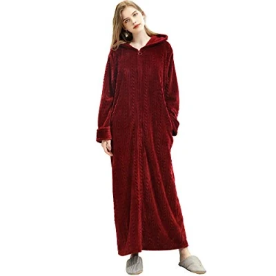 Image of Samko Unisex Fleece Bathrobes Flannel Soft Plush Dressing Gown Nightgown Pyjamas Hooded Terry Towelling Robe for Winter Autumn Red L