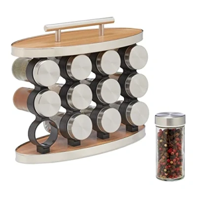 Image of Relaxdays Spice Rack, 12 Glass Jars, Stainless Steel, H x W D: 23.5 28 cm, Silver/Natural
