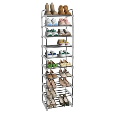Image of Knight 10 Tier Heavy Duty Metal Shoe Rack Quick Assembly No Tools Required Storage Cabinet Organiser Holds upto 50 pairs (Grey)