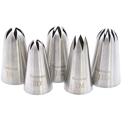 Image of Tumtanm 5 Pack Extra Large Piping Nozzles, 1B 1C 1E 1M 2D# Seamless Stainless Steel Icing Tips