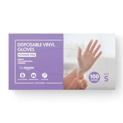 Image of by Amazon Disposable Vinyl Gloves, Size S, Pack of 100, (Previously Hevea Brand), Transparent