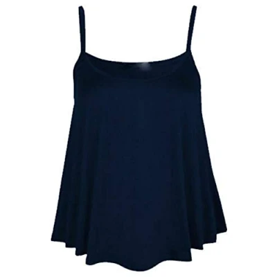 Image of Womens Ladies Camisole Cami Plain Strappy Swing Vest Top Flared Sleeveless Plus Size (Navy, UK 12 14)