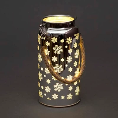 Image of SHATCHI 20cm Christmas Decorated Jar Table Lamp Etched Glass Tube Snowflakes Design Silver Lantern LED Fairy Lights Battery Operated