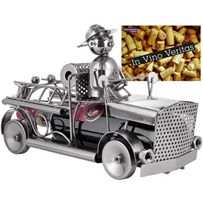 Image of BRUBAKER Wine Bottle Holder Fire Department Engine Metal Sculpture Stand 12.6 in Figure Gift for Firemen and Firewomen with Greeting Card