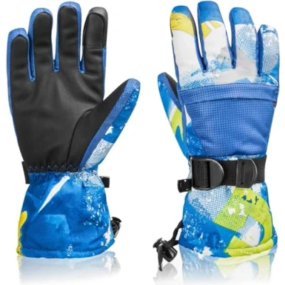 Image of Ski Gloves Waterproof Winter Warm Cold Weather Touchscreen Snow for Mens, Womens, Kids Skiing,Snowboarding (S(Fit 8 10 Years), Blue)