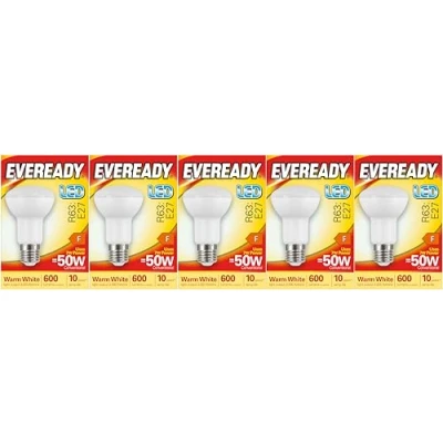 Image of Eveready R63 LED Reflector E27 Spotlight Bulb 600 Lumens Warm White 3000k 7 watt Replaces 50 watt. Pack of 5 Bulbs