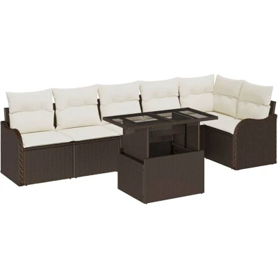 Image of vidaXL 7 Piece Garden Sofa Set with Cushions Brown Poly Rattan
