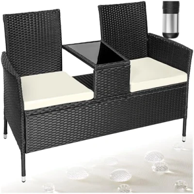 Image of TecTake 800168 Garden bench with table Poly rattan outdoor love seat Relaxed summer patio bistro dining for 2 (Black &amp; Beige)