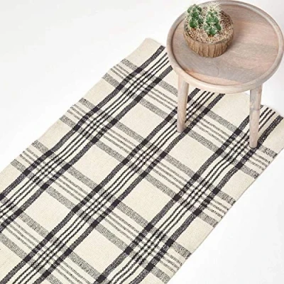 Image of HOMESCAPES Tartan Rug Handwoven White &amp; Black 100% Wool Non Slip Rug, &#039;Logan&#039; Check Hallway Runner, 66 x 200 cm