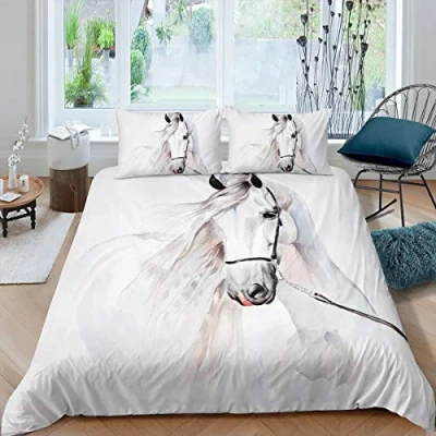 Image of White Horse Comforter Cover Double Size 3D Steed Print Bedding Set Horses Decorative 3 Pieces Animals Duvet WildlifeTapestry Bedspread with 2 Pillowcase Soft Microfiber Zipper