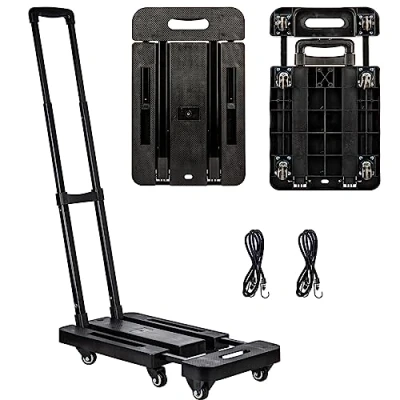 Image of Folding Hand Truck, JOYCEMALL 500LB / 227KG Portable Heavy Duty Platform Cart Utility Foldable Dolly with 6x Wheels &amp; 2x Elastic Ropes for Luggage Moving Shopping Travel Office Use