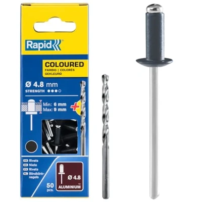 Image of Rapid High Performance Anthracite Grey Aluminium Rivets, Ø4.8 x 12 mm 4mm Rivets for Gutters, Piping, and Sheet Metal Includes Drill 50 Pieces, Carton Boxed (5001470)