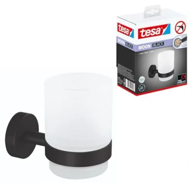Image of tesa MOON black Toothbrush Tumbler made of satin glass with holder, matt for bathrooms in industrial style and modern drill free, incl. adhesive solution 96 mm x 70 109