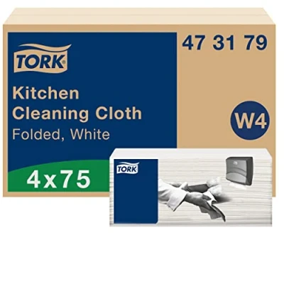 Image of Tork Kitchen Cleaning Cloth White W4, Highly Absorbent, 4 x 75 Cloths, 473179