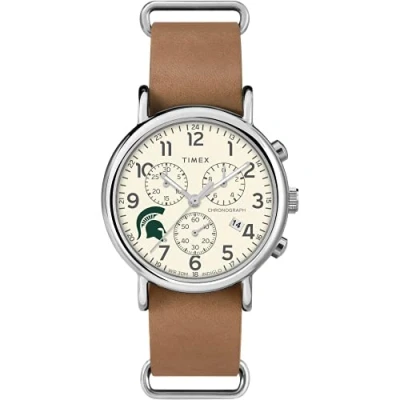 Image of Timex Tribute Men&#039;s Collegiate Weekender Chrono 40mm Quartz Leather Strap, Michigan State Spartans, Modern