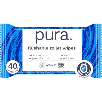 Image of Pura Flushable Moist Toilet Tissue Wipes, 1 Pack of 40 Wet 100% Plastic Free, 99% Water Clean Washlets, Certified ‘Fine to Flush’ Biodegradable, Compostable, Vegan, Gentle