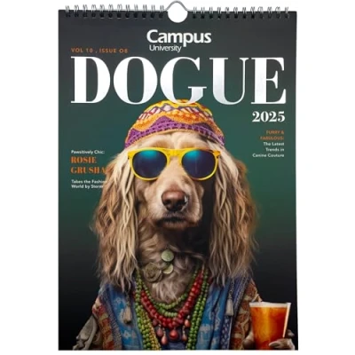 Image of Campus 2025 Calendar, Annual Dog Wall Calendar Pictures to Note with Spiral Binding and Metal Hanger, Size 21 x 28 cm, Includes 12 Photos (Green)