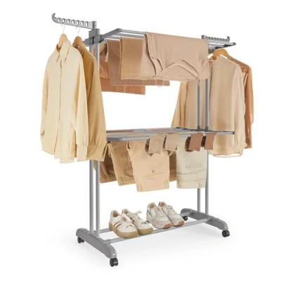Image of SONGMICS Large Clothes Airer, Foldable Drying Rack Laundry 3 Tier, Moveable Horse, 63.5 x 128 148 cm, Stainess Steel, Folding Wings, Indoor Outdoor Use, Dove Grey LLR702G01