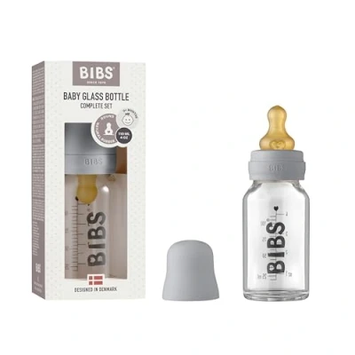 Image of BIBS Baby Glass Bottle. Anti Colic. Round Natural Rubber Latex Nipple. Supports Breastfeeding, 110 ml, Cloud