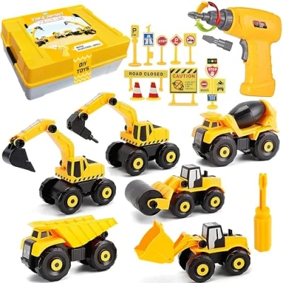 Image of STAY GENT Take Apart Construction Vehicles Toys with Electric Drill, Building Excavator Toy STEM Trucks for Kids Storage Box, Digger DIY Educational Learning Gifts Ages 6+ Boys Girls