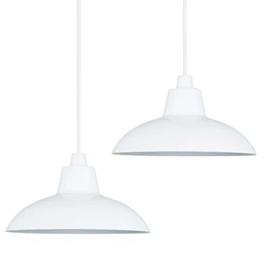 Image of MiniSun Pair of Retro Style Gloss White Metal Easy Fit Ceiling Pendant Light Shades Complete with 10w LED GLS Bulbs [3000K Warm White]