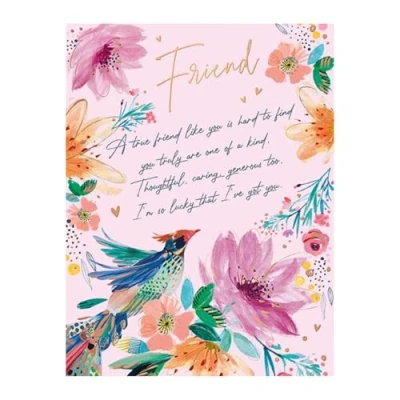 Image of Words N Wishes Friend Female Birthday Card Floral Border and Verse with Embossed Foil Details Eco Friendly Recyclable