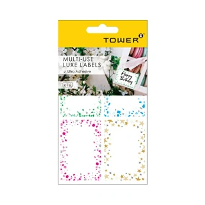 Image of Tower Multi Use Luxe Sticky Labels 16 Mixed Label Stickers,75x50mm, Colours Variety Pack, Labels.