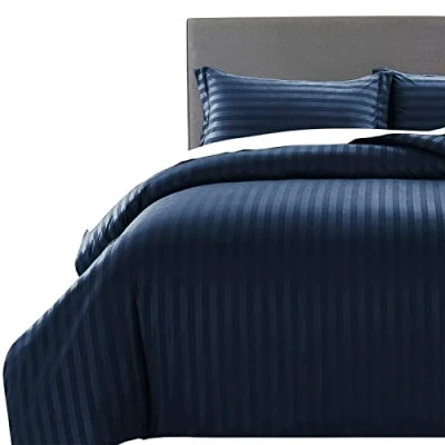 Image of MOONLIGHT20015 King Size Duvet Cover Sets Hotel Quality Stripes Satin Bedding with 2 Pillowcases, Reversible Hypoallergenic Soft Breathable Bed Covers (Navy, King)