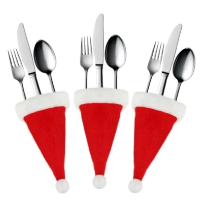Image of RockParty Red Christmas Santa Hat Cutlery Holders Festive Table Decorations for Holiday Dinner Tableware Party and Celebrations (3)