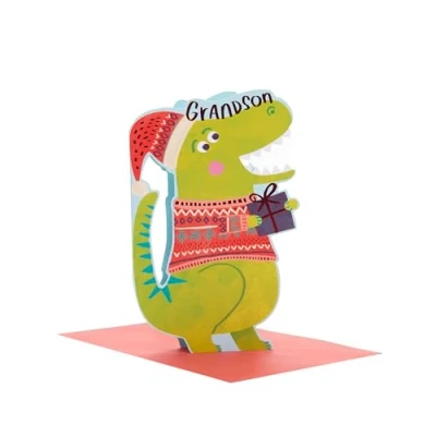 Image of UK Greetings Christmas Card for Grandson Festive Dinosaur Design