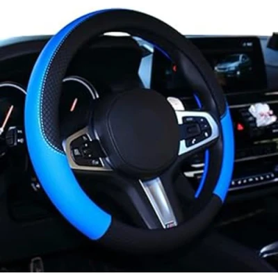 Image of Microfibre leather steering wheel cover Wavy Line Splice X pattern Blue