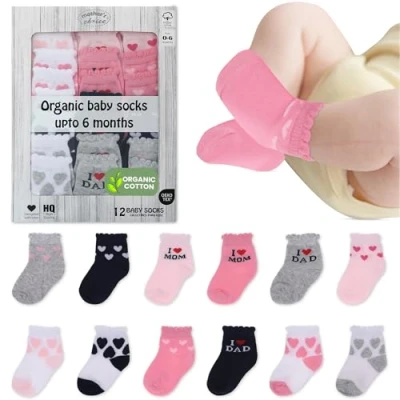 Image of Mother&#039;s Choice Organic Cotton Baby Socks, 12 Pairs, Unisex 0 6 Months Soft, Hypoallergenic Newborn &amp; Infant Socks Girl Boy Gifts (Pink Grey Black)