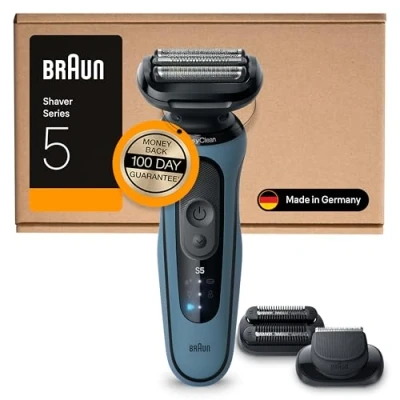 Image of Braun Series 5 Electric Shaver, Up to 50 min, +2 Attachments, Cordless, Wet &amp; Dry Razor for Men, 100% Waterproof, 52 A1820SI, Azure