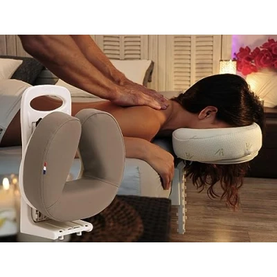 Image of Lying or Sitting Massage Headrest for Bed Table, Adjustable Height and Tilt, Ergonomic Memory Cushion 8 cm, Foldable, Carrying handle