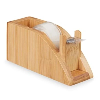 Image of Relaxdays Adhesive Dispenser Bamboo, Sticky Tape Holder for 25 mm Rolls, with Cutting Blade, Crafts, Natural, Metal, 5.5 x 12 4.5 cm