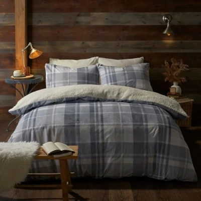 Image of Fusion Grey Checkered Fleece Duvet Cover King Bedding Size (230 x 220cm) Reversible Design Light Tartan Blue Flannelette with Teddy Bear Quilt White