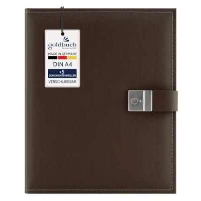 Image of goldbuch Cezanne 53819 Document Folder for DIN A4 Documents, Ring Binder with 5 Pockets Expandable Lock Orginal Made of Artificial Leather, Approx. 27.5 x 34 cm, Black/Brown