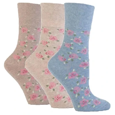 Image of 3 Pairs of Ladies Sock Shop Gentle Grip Patterned Socks, Various Designs/Colours, UK Size 4 8 (Classic Rose)