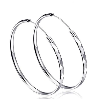 Image of Fu You 925 Silver Earrings Round Circle sleeper Hoop Rhombus Large Hoops 50mm for Women Ladies