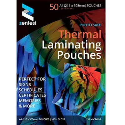 Image of Zentesi A4 Laminating Pouches High Gloss Laminator Sleeves 150 Micron (75 + 75 Microns) Glossy Laminate Pouch Sheets Pack of 50