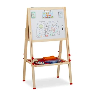 Image of Relaxdays Children’s Blackboard, Whiteboard and Chalkboard, Height Adjustable, Standing, 102 135 x 55 52 cm, Natural