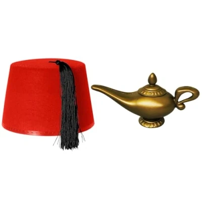 Image of Fez Hat &amp; Magic Genie Oil Lamp Gold Plastic Aladdin Fancy Dress Panto Film Character Costume