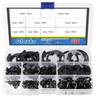 Image of Glarks 328 Pieces 9 Size Black Alloy Steel E Clip External Retaining Ring Washer Assortment Set